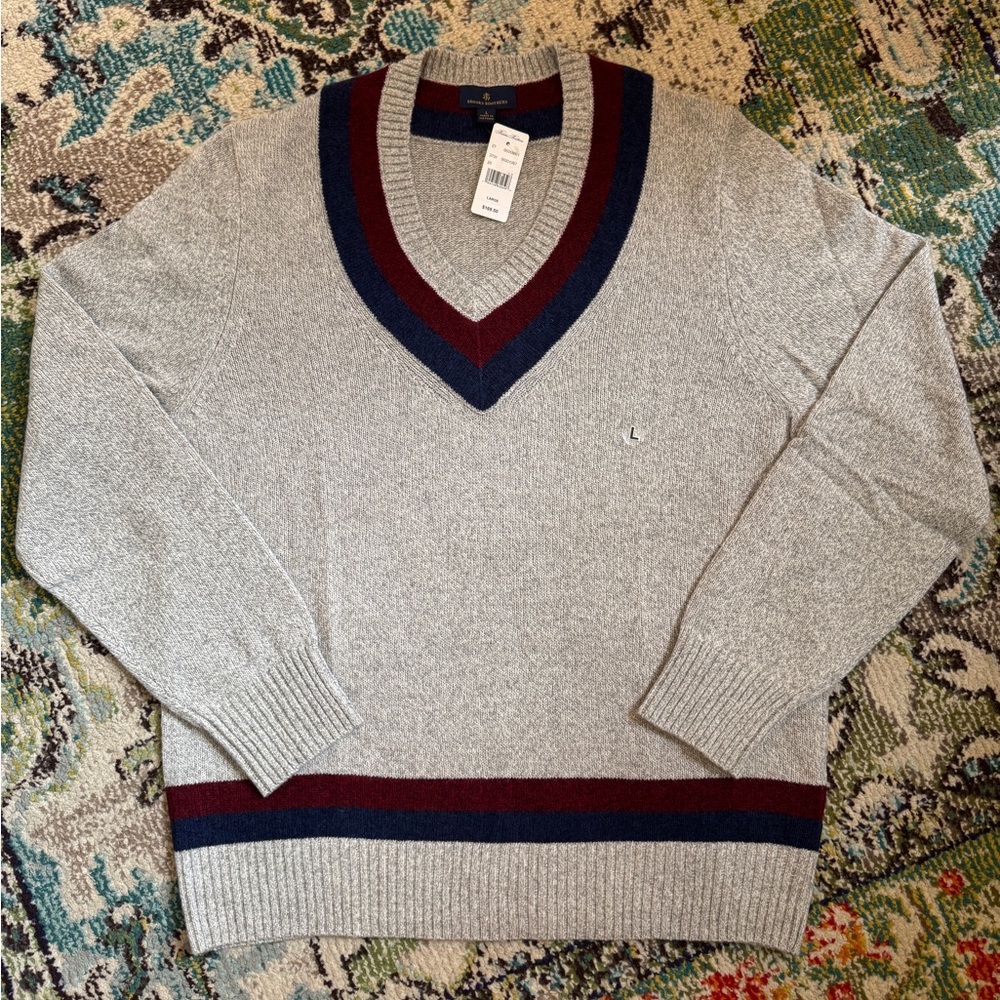 Brooks Brothers Men’s Wool Cricket / Tennis Sweater Gray Large Navy Maroon
